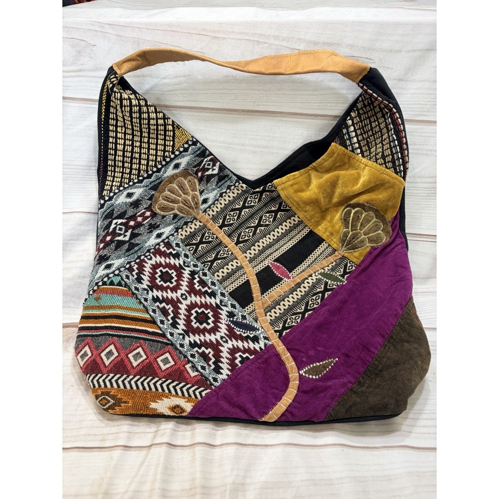 Coldwater Creek Maywine Patchwork Hobo Bag Boho Tapestry Leather 18x13